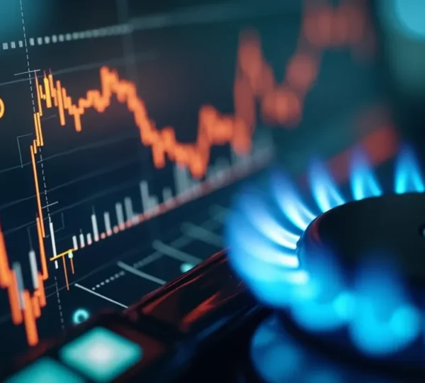 Symbolische illustratie van zakelijke energie-optimalisatie met een dynamisch grafiekbeeld en energie-icoontjes