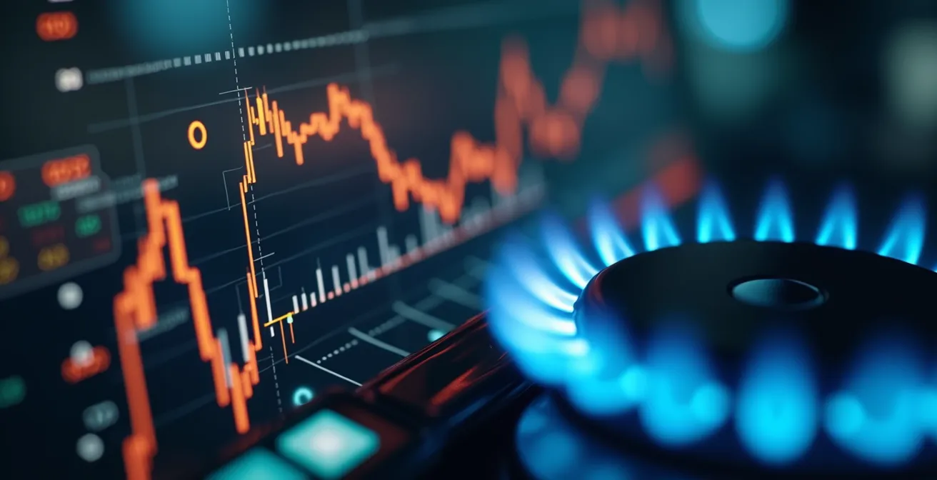 Symbolische illustratie van zakelijke energie-optimalisatie met een dynamisch grafiekbeeld en energie-icoontjes
