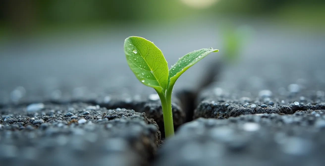 Close-up van een kleine groene plant die door asfalt breekt, als metafoor voor ondernemerschap vanuit een moeilijke startpositie.