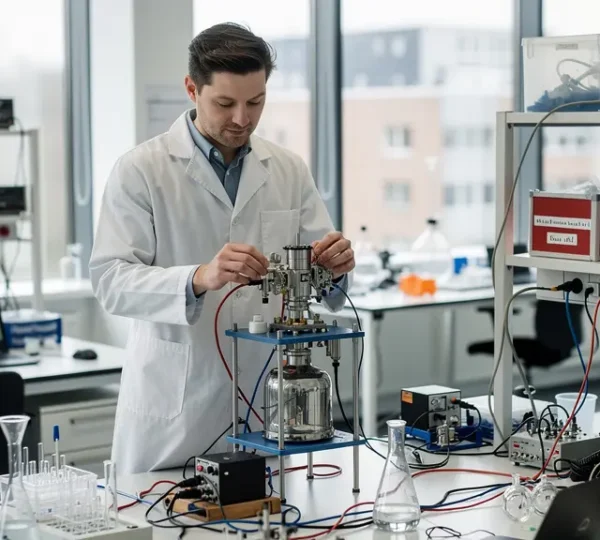 Deeptech onderzoeker analyseert prototype in modern universiteitslaboratorium