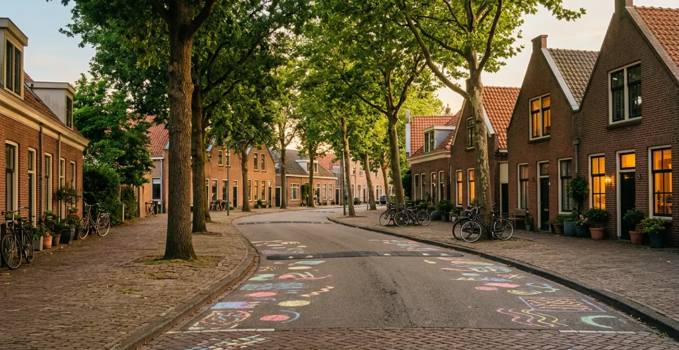 Rustige woonstraat met 30 km zone bord en spelende kinderen