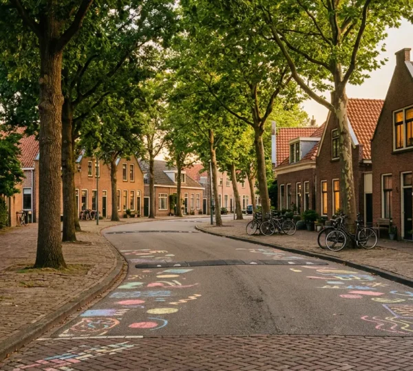 Rustige woonstraat met 30 km zone bord en spelende kinderen