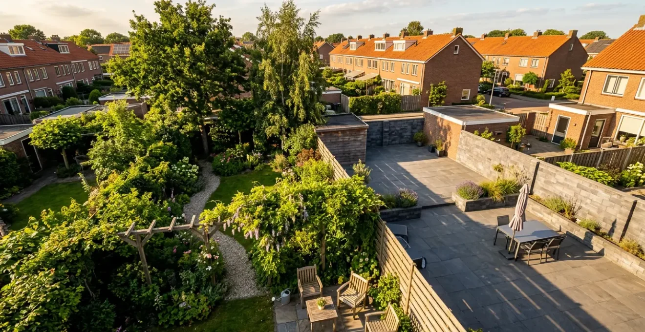 Zonnige achtertuin met pergola en schaduwbomen tegenover betegelde tuin