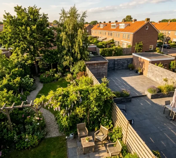 Zonnige achtertuin met pergola en schaduwbomen tegenover betegelde tuin