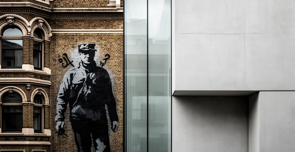 Straatkunst op een gevel met contrasterende architectuur tussen historisch en modern
