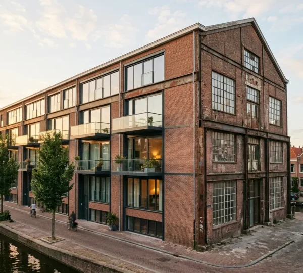 Architecturale visualisatie van een bedrijfspand in transformatie naar woningen