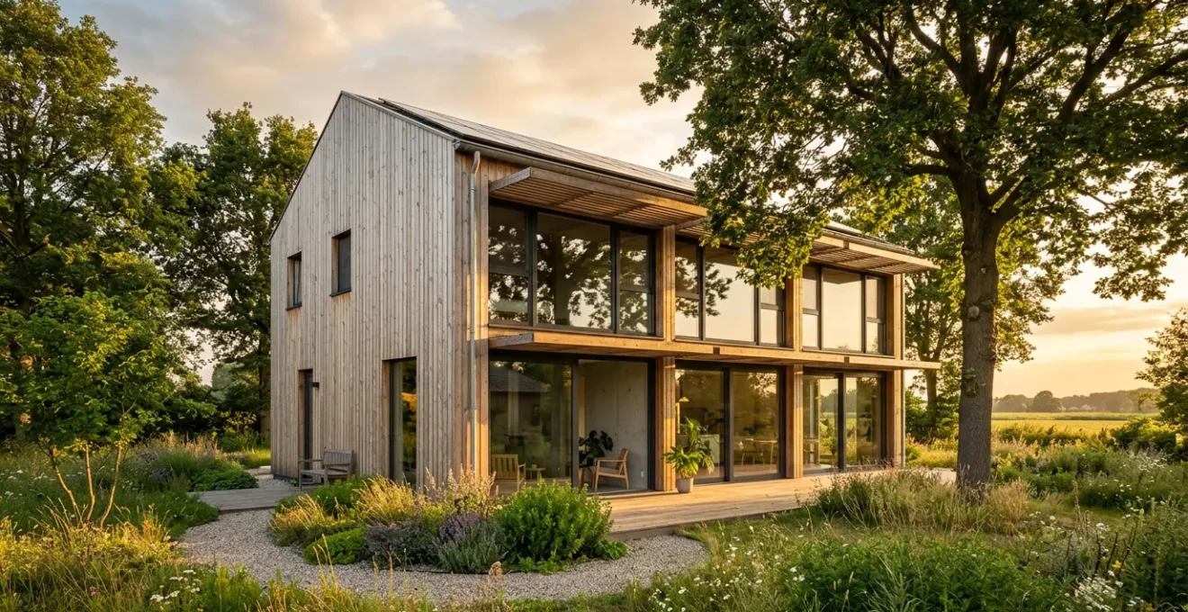 Minimalistisch modern huis met natuurlijke materialen en strategisch geplaatste zonwering