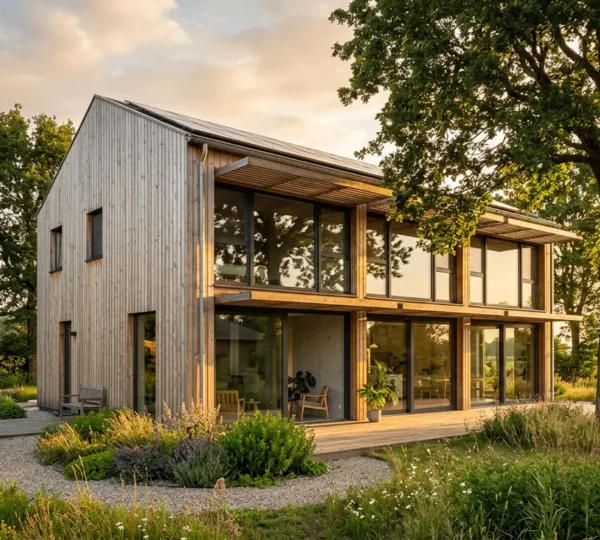 Minimalistisch modern huis met natuurlijke materialen en strategisch geplaatste zonwering