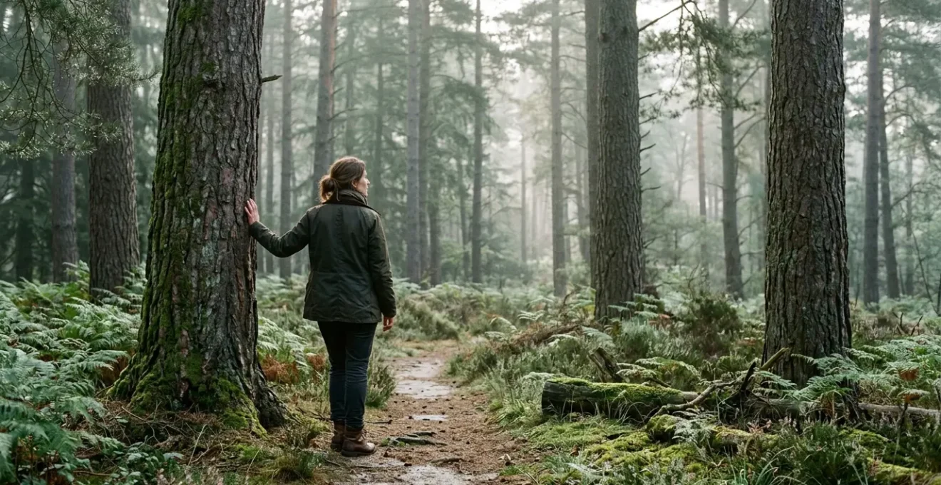 Persoon mediteert rustig tussen eeuwenoude dennenbomen op mistige ochtend in Veluws bos