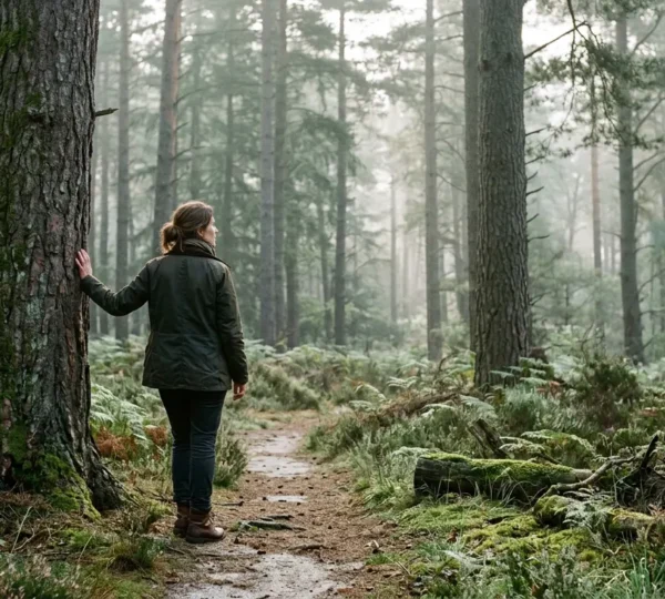 Persoon mediteert rustig tussen eeuwenoude dennenbomen op mistige ochtend in Veluws bos