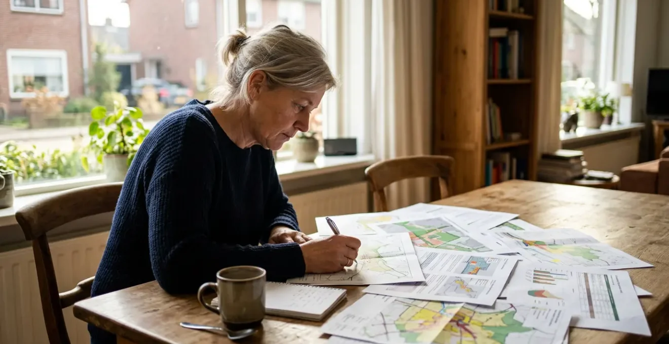 Burger werkt aan zienswijze voor bestemmingsplan aan keukentafel met gemeentedocumenten