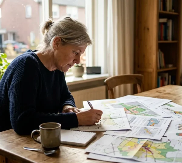 Burger werkt aan zienswijze voor bestemmingsplan aan keukentafel met gemeentedocumenten