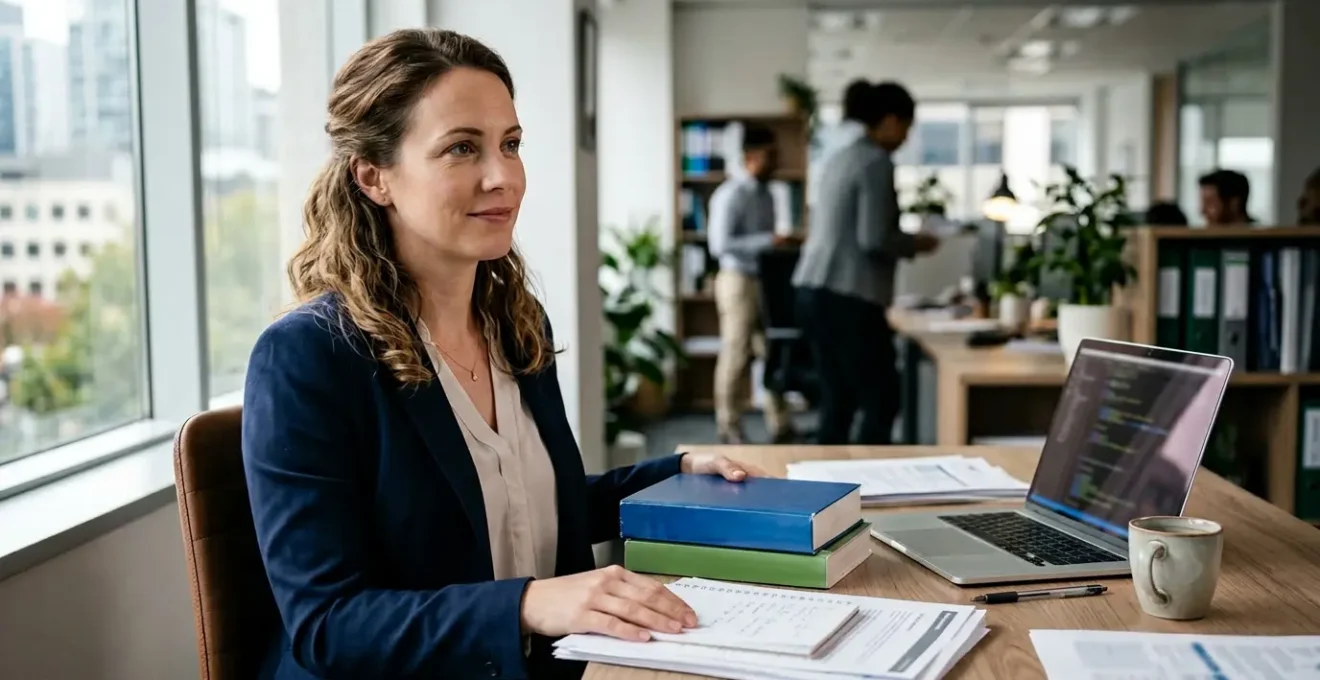 Professional op kantoor studeert met laptop en notities voor IT-omscholing