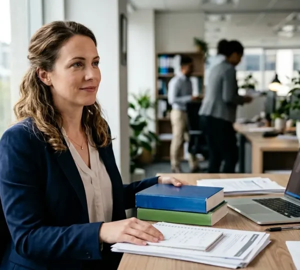Professional op kantoor studeert met laptop en notities voor IT-omscholing