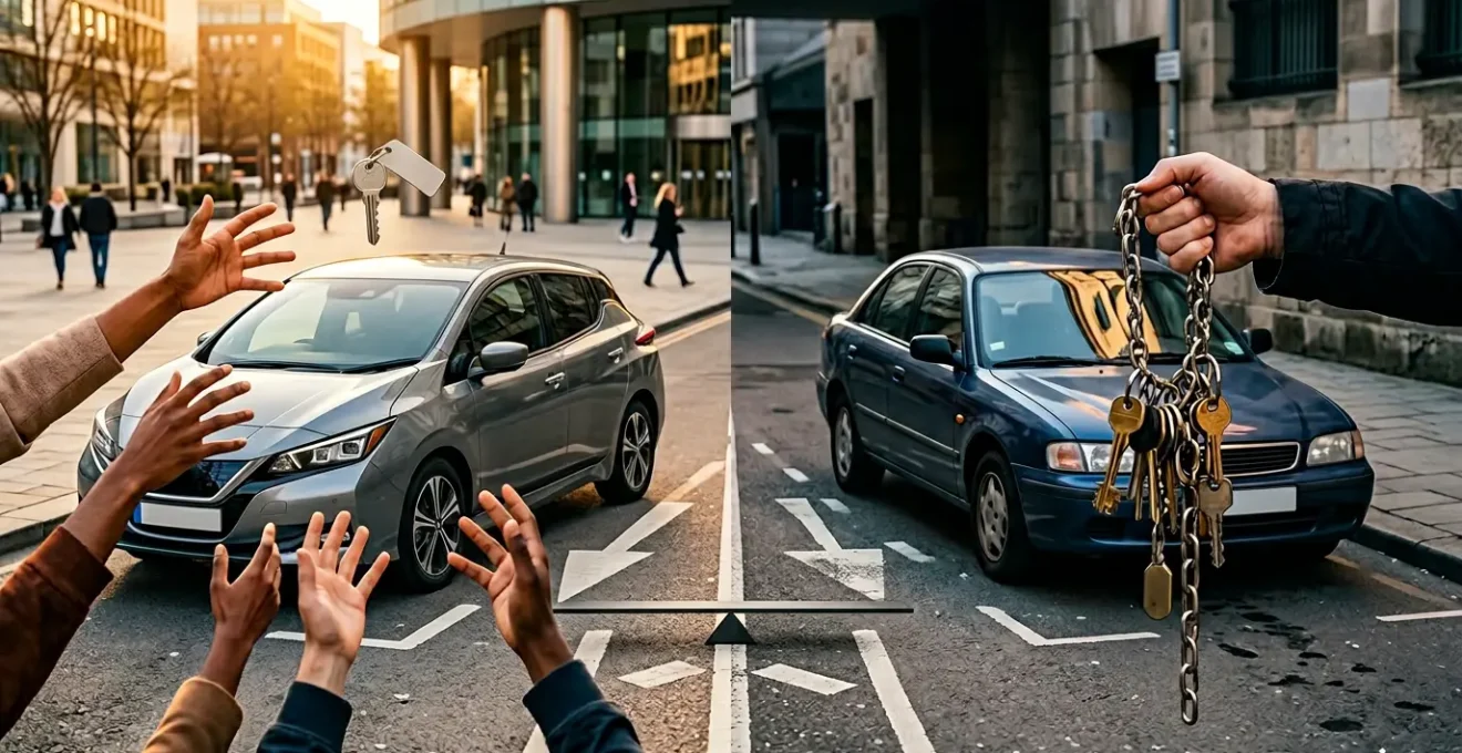Visueel concept van de keuze tussen een deelauto en eigen auto bij 12.000 kilometer per jaar