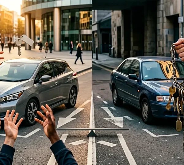 Visueel concept van de keuze tussen een deelauto en eigen auto bij 12.000 kilometer per jaar