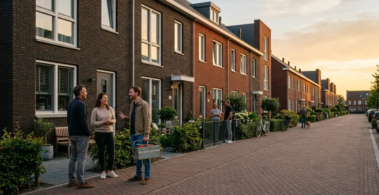 Moderne buurtgemeenschap deelt gereedschap in een duurzame wijk