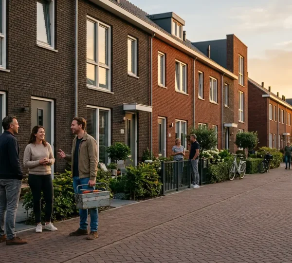 Moderne buurtgemeenschap deelt gereedschap in een duurzame wijk