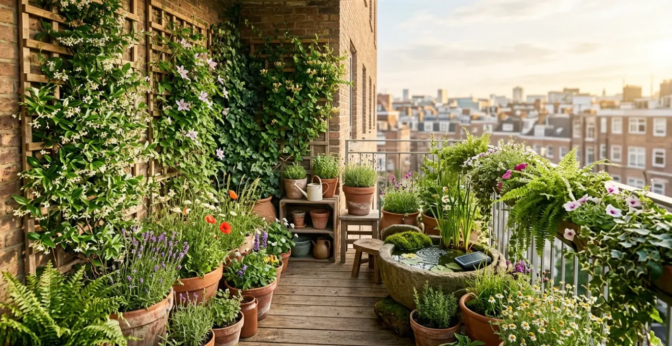Kleine ecologische stadstuin met verticale groene wand, bijenvriendelijke planten en waterpartij