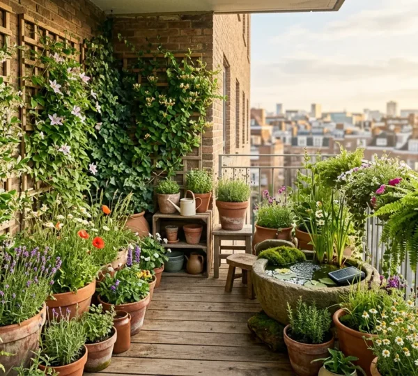 Kleine ecologische stadstuin met verticale groene wand, bijenvriendelijke planten en waterpartij
