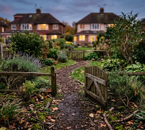 Een egelvriendelijke tuindoorgang met natuurlijke elementen die verschillende tuinen verbindt