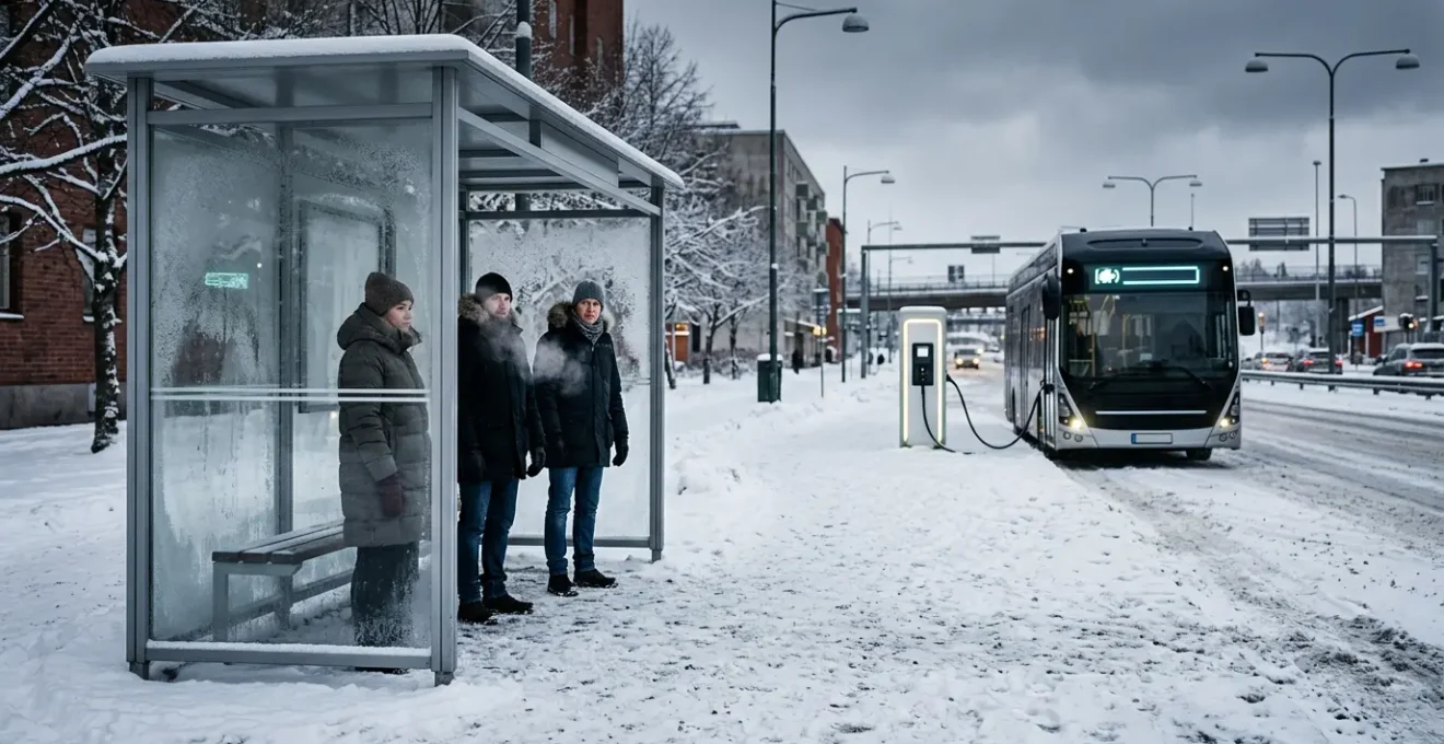 Elektrische bus in winterse omstandigheden met lege halte en wachtende passagiers