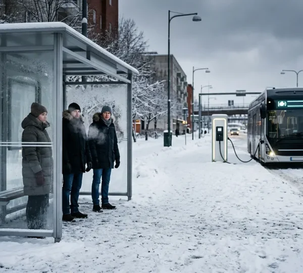 Elektrische bus in winterse omstandigheden met lege halte en wachtende passagiers