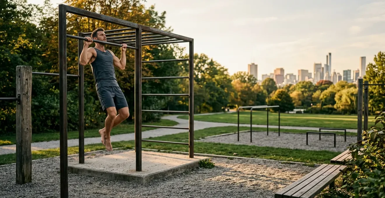 Atleet doet pull-ups in een calisthenics park tijdens gouden uur