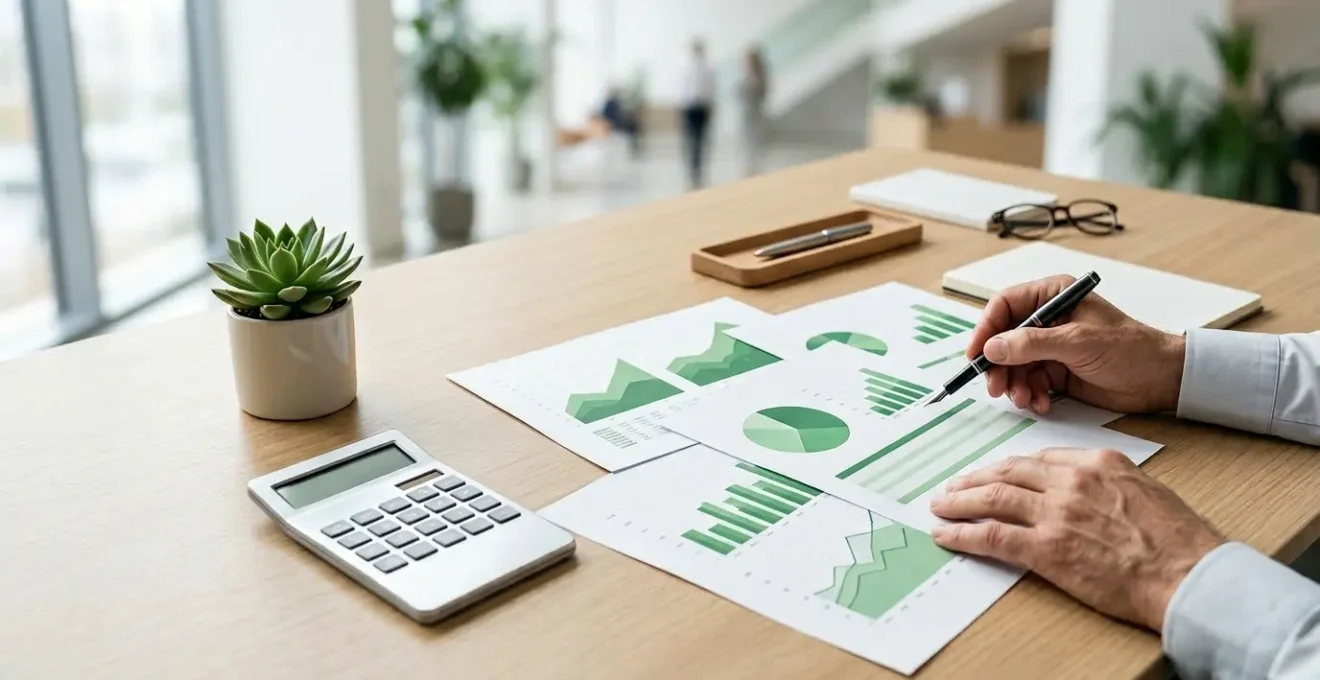 Financieel adviseur analyseert groene beleggingsportefeuille met grafieken en natuurelementen op achtergrond