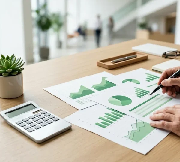 Financieel adviseur analyseert groene beleggingsportefeuille met grafieken en natuurelementen op achtergrond