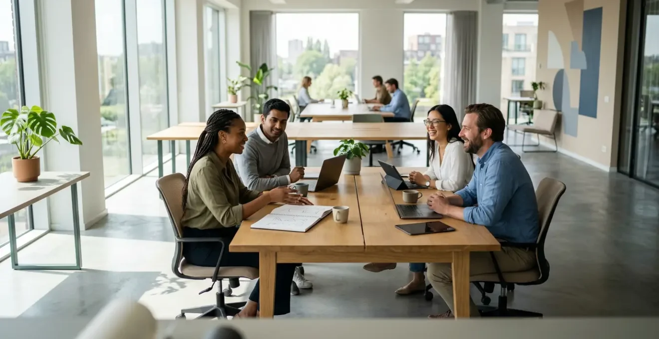 Modern kantoor met medewerkers die samenwerken aan cybersecurity maatregelen op verschillende apparaten