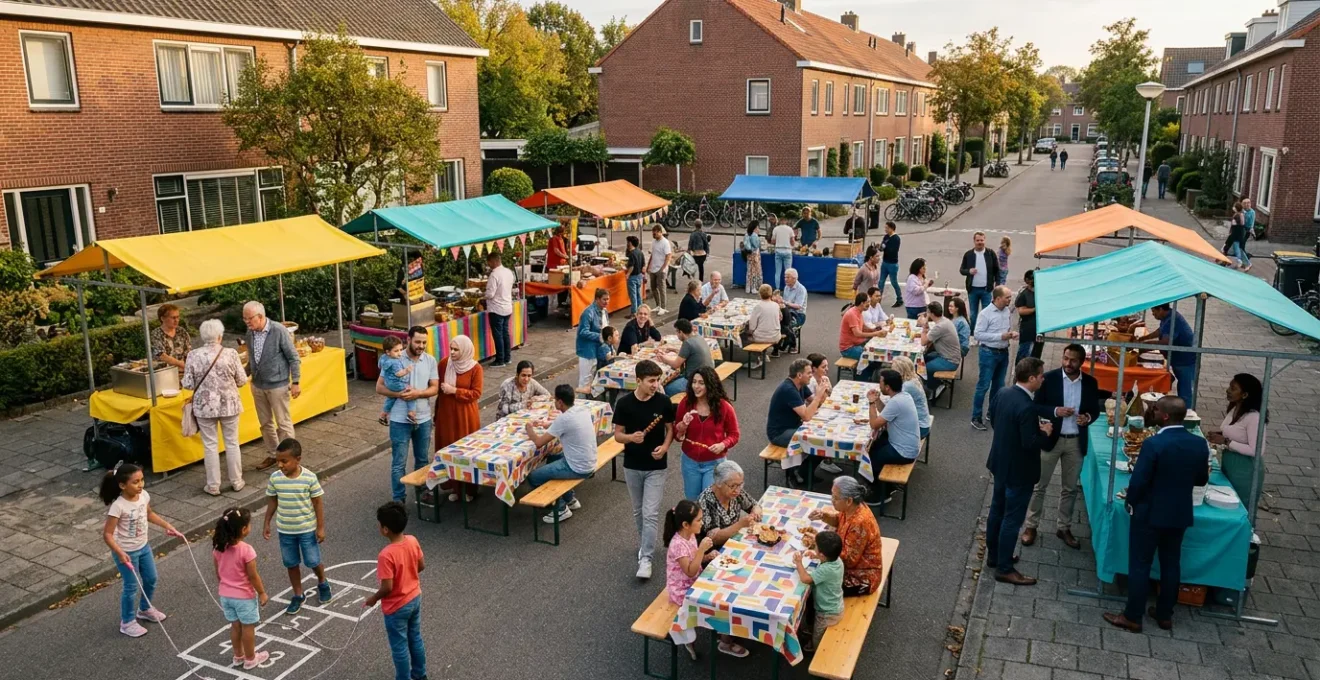Diverse groep buren van verschillende culturele achtergronden komen samen tijdens straatfeest met voedselkramen en activiteiten