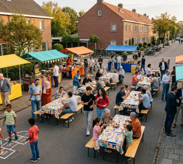 Diverse groep buren van verschillende culturele achtergronden komen samen tijdens straatfeest met voedselkramen en activiteiten