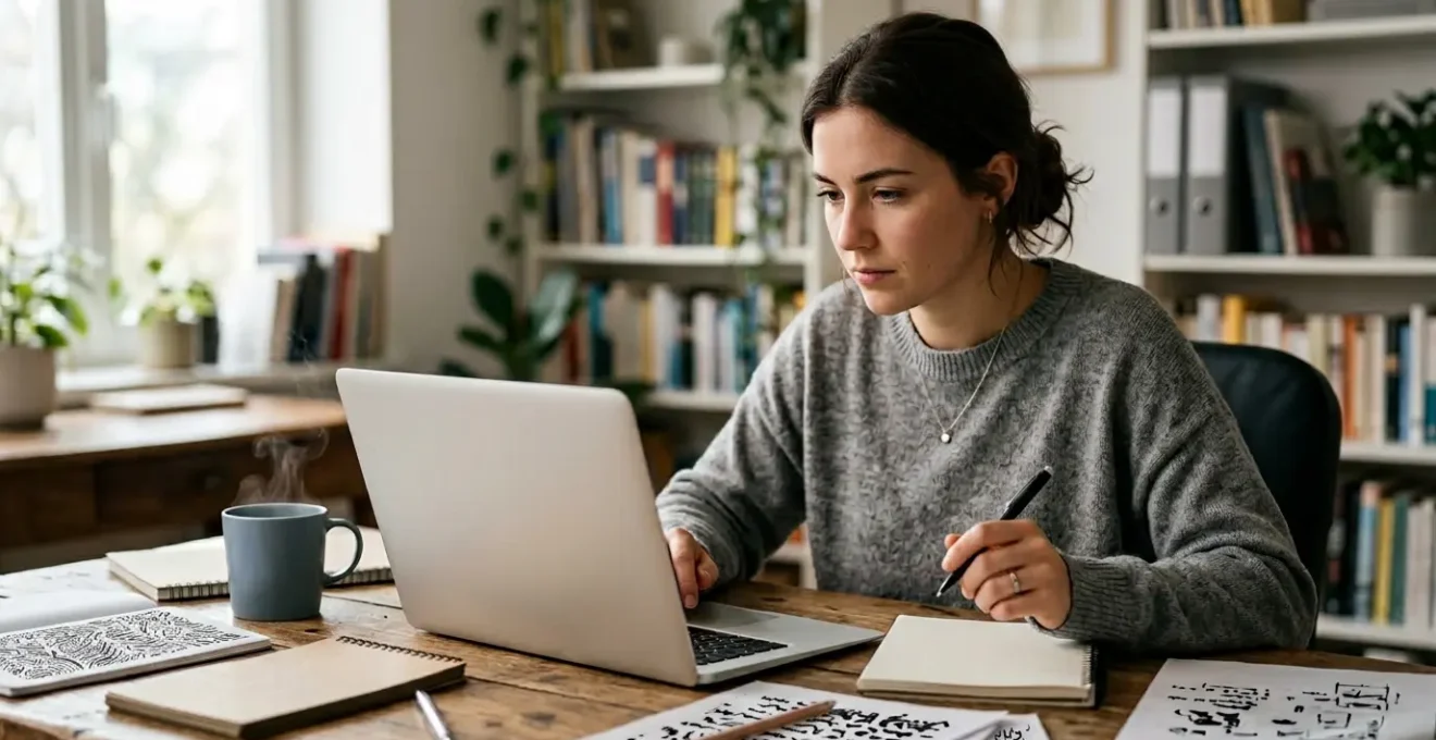 Student thuis aan bureau met laptop, notities en koffie, natuurlijk licht door raam