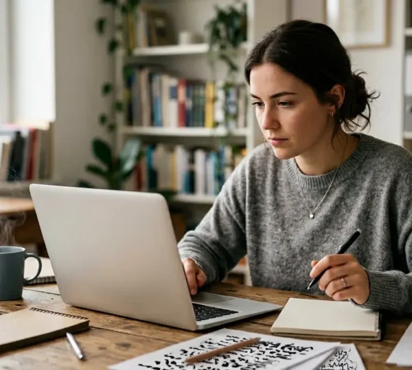 Student thuis aan bureau met laptop, notities en koffie, natuurlijk licht door raam