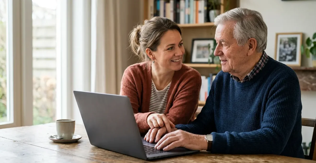 Oudere man en volwassen dochter zitten samen aan tafel met laptop voor veilige DigiD-hulp