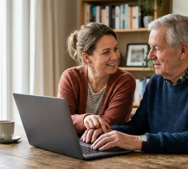 Oudere man en volwassen dochter zitten samen aan tafel met laptop voor veilige DigiD-hulp