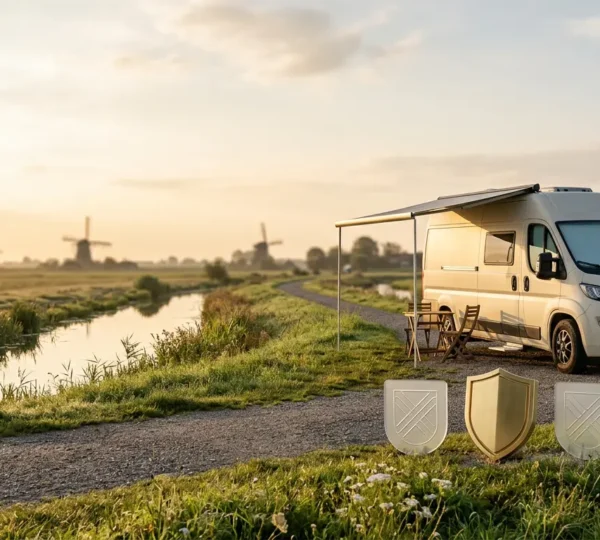 Betrouwbare particuliere camperverhuur met veiligheidssymbolen en platformlogo's