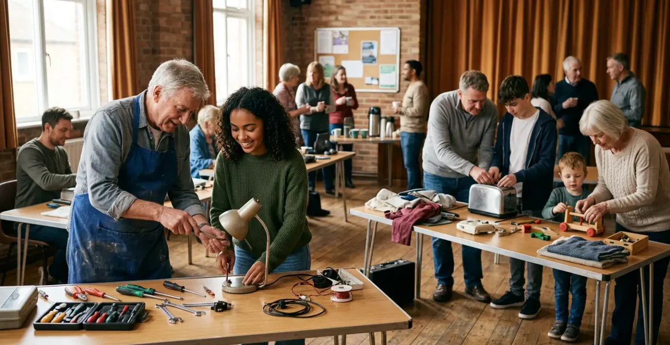 Vrijwilligers werken samen in een Repair Café aan diverse reparaties
