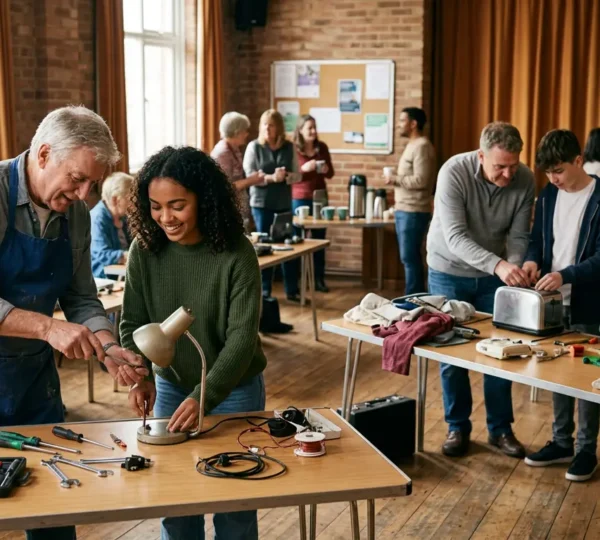 Vrijwilligers werken samen in een Repair Café aan diverse reparaties