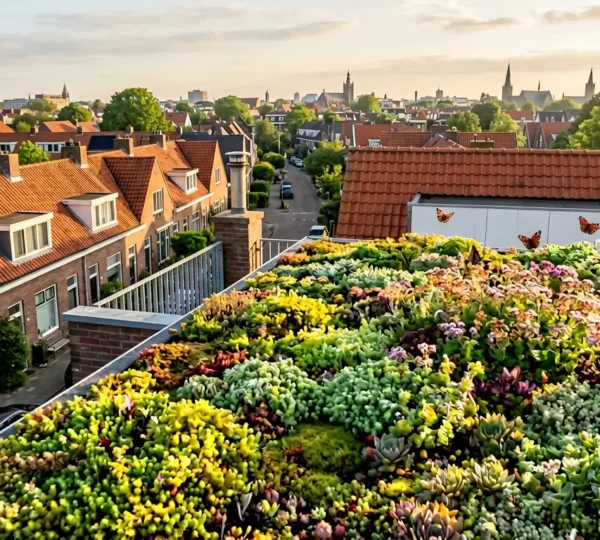Sedumdak met zonnepanelen op Nederlandse tussenwoning verhoogt WOZ-waarde