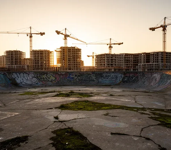 Jongeren skaten in een verlaten industrieel gebied met moderne nieuwbouwprojecten op de achtergrond