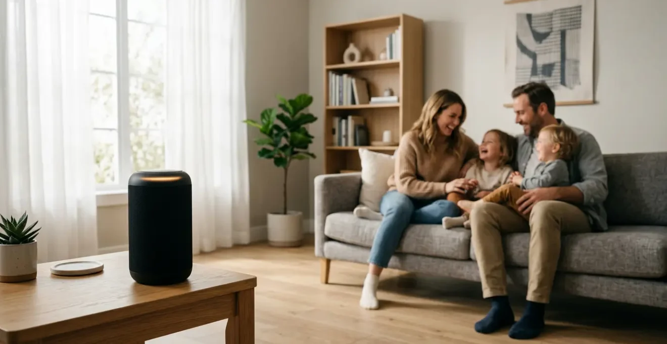 Een moderne woonkamer met een slimme speaker prominent op een bijzettafel, waarbij subtiel een rode lichtring aangeeft dat het apparaat actief luistert