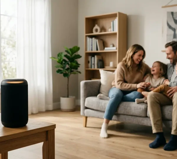 Een moderne woonkamer met een slimme speaker prominent op een bijzettafel, waarbij subtiel een rode lichtring aangeeft dat het apparaat actief luistert