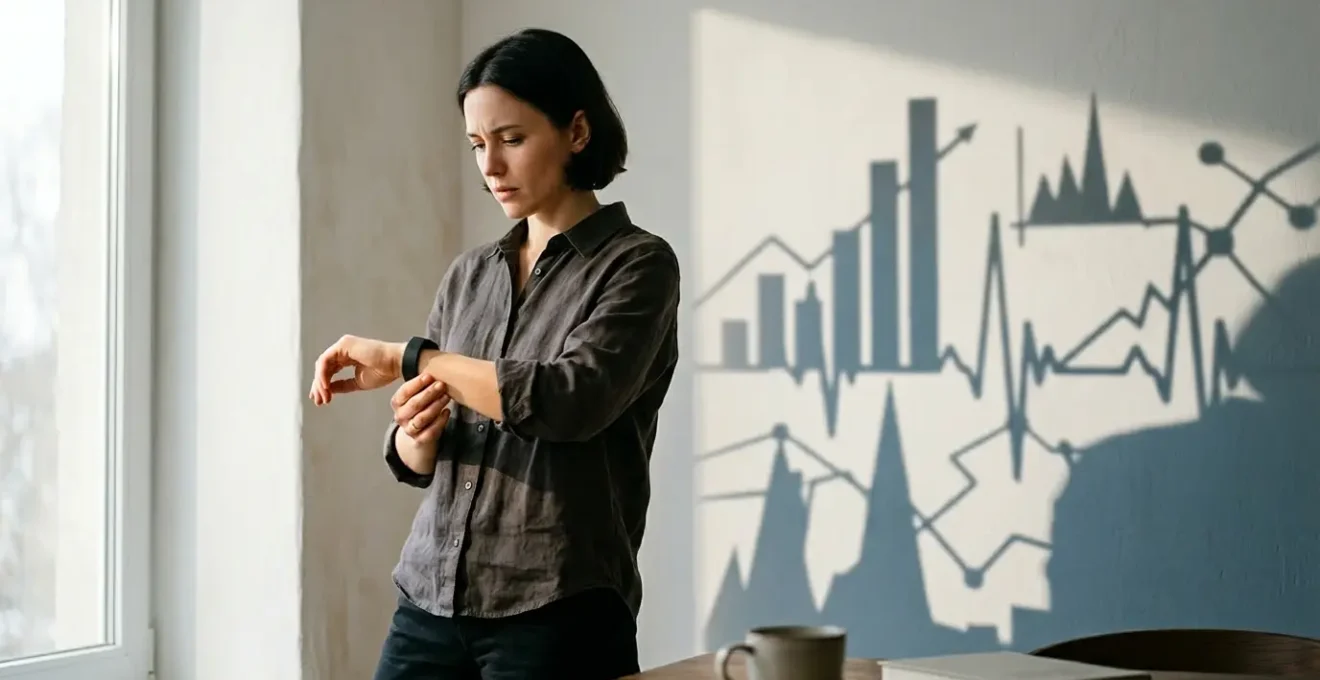 Persoon kijkt bezorgd naar smartwatch terwijl schaduwen van grafiekenmetaforen op muur verschijnen