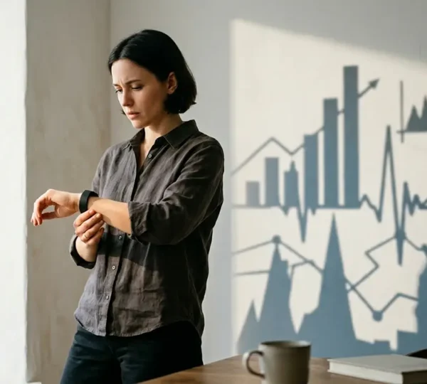 Persoon kijkt bezorgd naar smartwatch terwijl schaduwen van grafiekenmetaforen op muur verschijnen