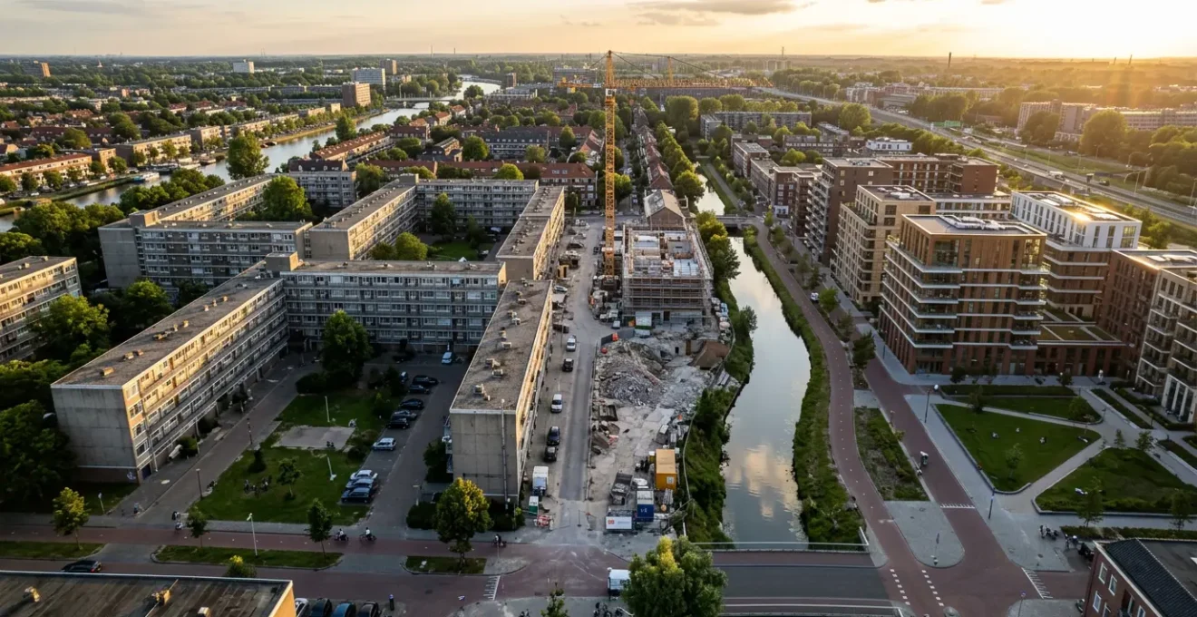 Contrast tussen oude sociale huurflats en nieuwe koopappartementen in Nederlandse stadswijk
