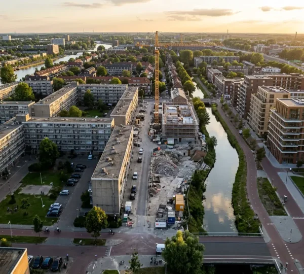 Contrast tussen oude sociale huurflats en nieuwe koopappartementen in Nederlandse stadswijk