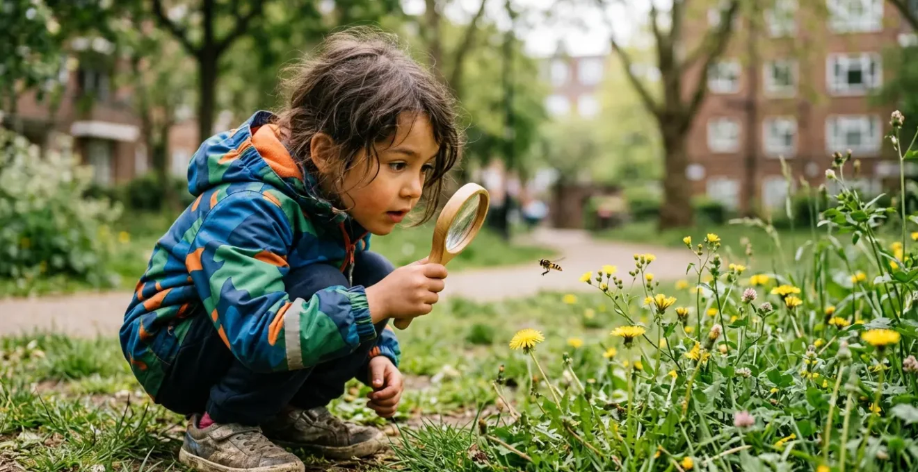 Nieuwsgierig kind observeert insect in stadspark met vergrootglas