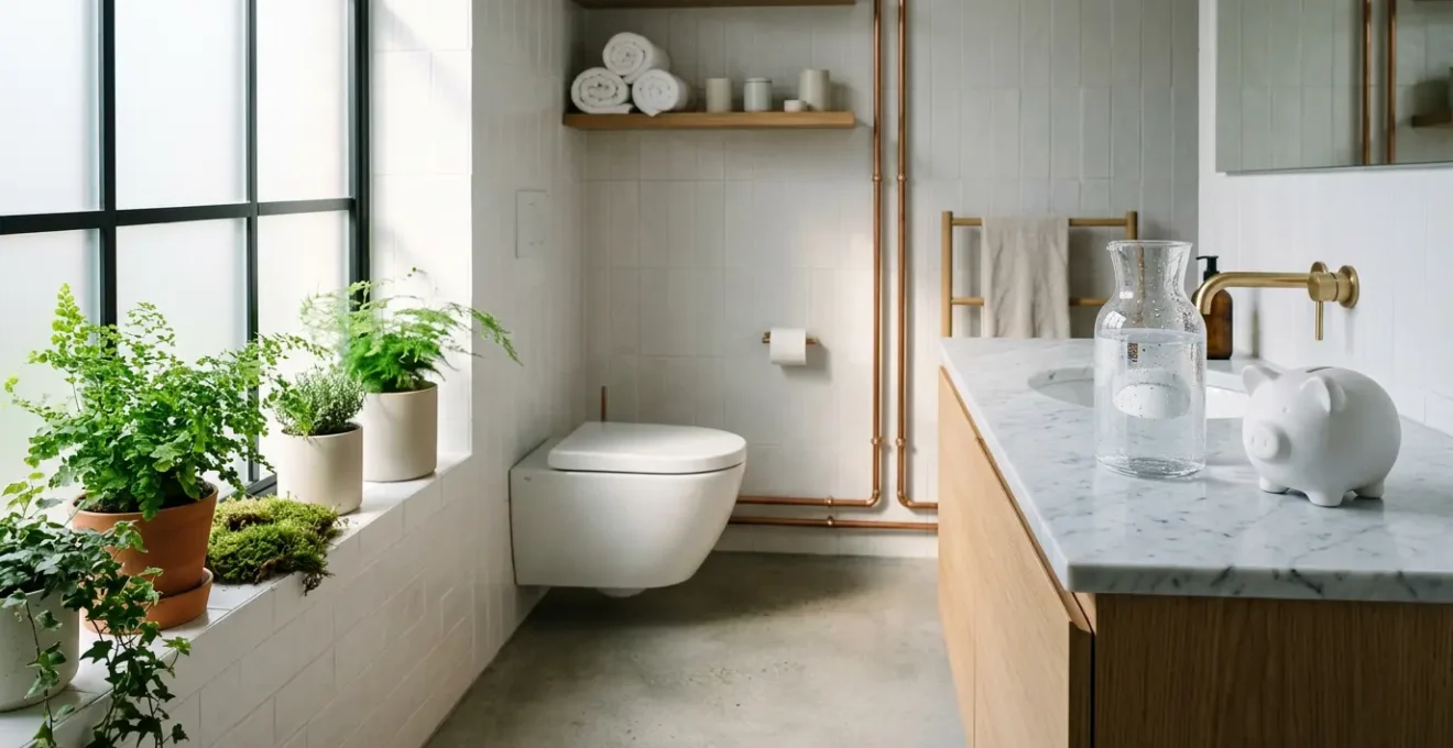 Moderne badkamer met toilet aangesloten op regenwaterinstallatie en groene planten